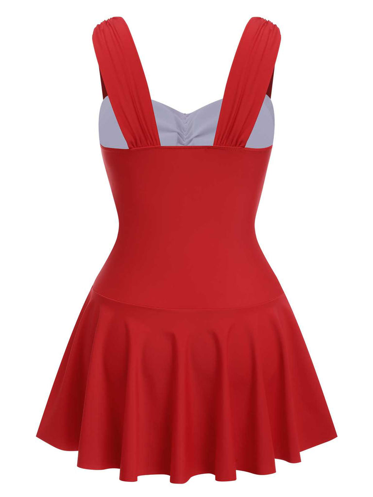 [Pre-Sale] Red 1950s Pleated Solid One-Piece Swimsuit