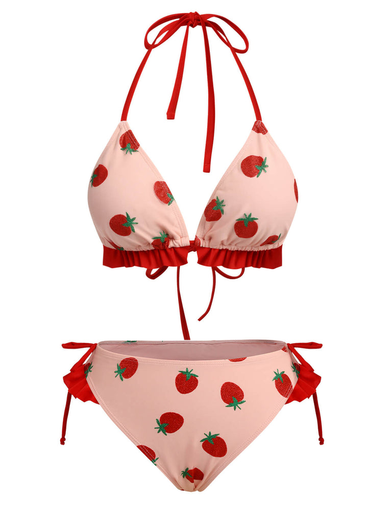 Pink 1950s Strawberry Lace-Up Halter Swimsuit