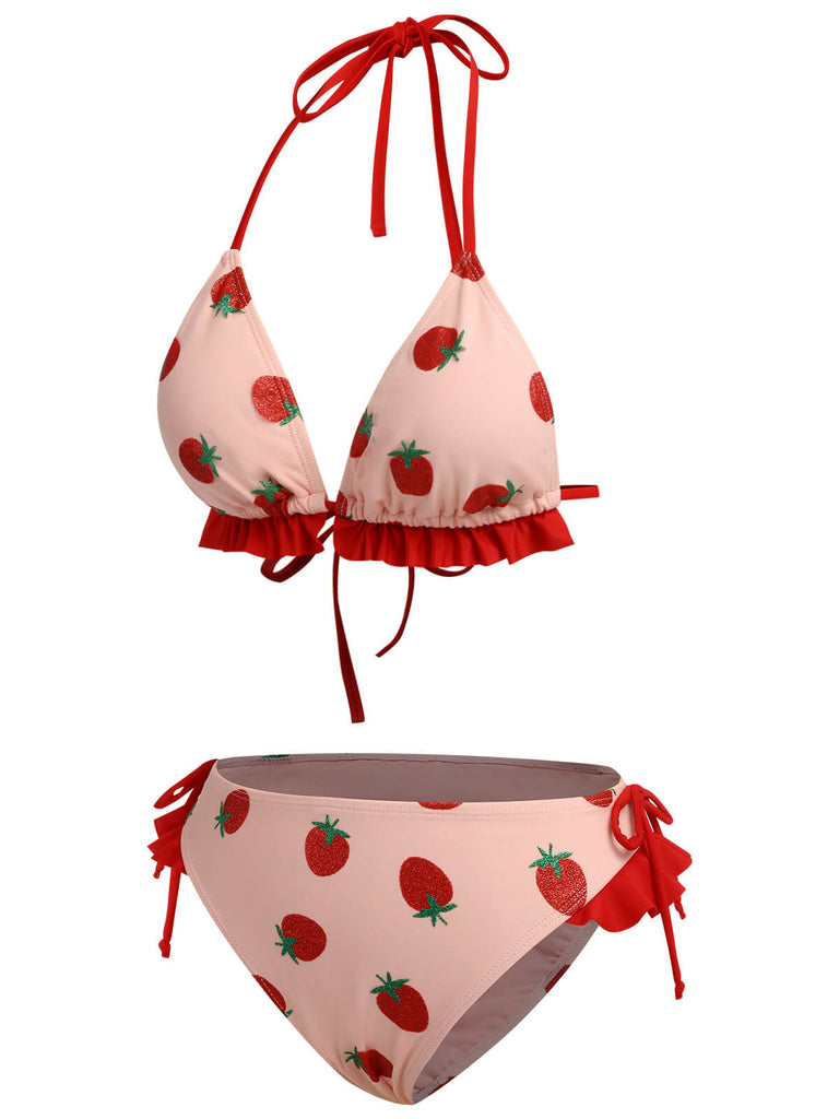 Pink 1950s Strawberry Lace-Up Halter Swimsuit