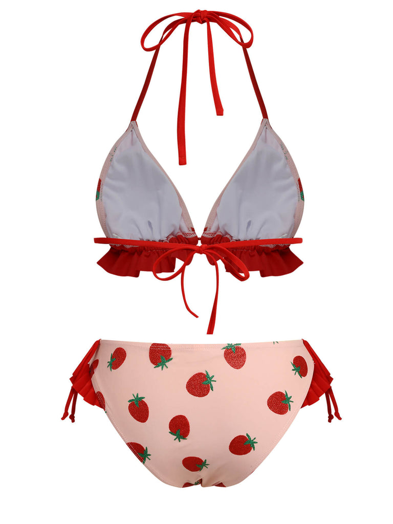 Pink 1950s Strawberry Lace-Up Halter Swimsuit