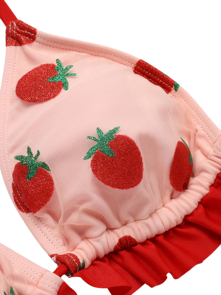 Pink 1950s Strawberry Lace-Up Halter Swimsuit