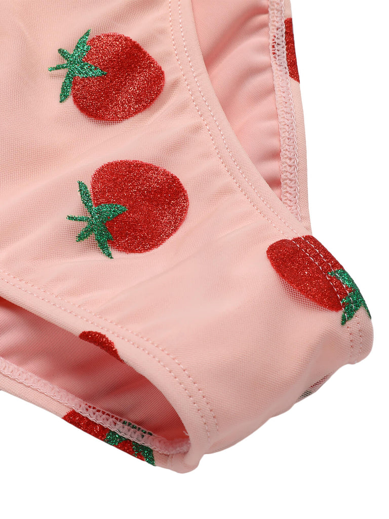 Pink 1950s Strawberry Lace-Up Halter Swimsuit