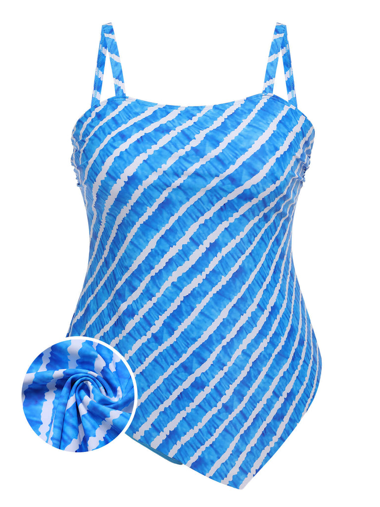 [Plus Size] Blue 1950s Diagonal Stripe Swimsuit