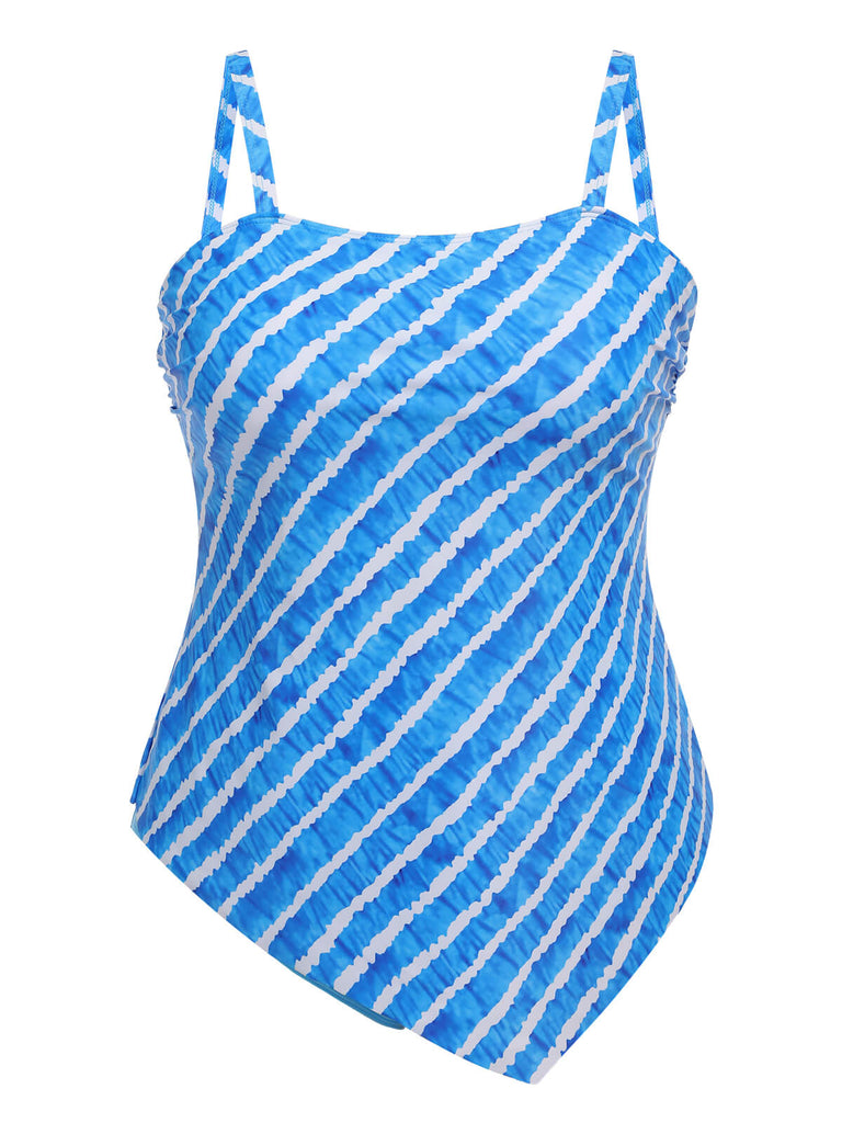 [Plus Size] Blue 1950s Diagonal Stripe One-Piece Swimsuit
