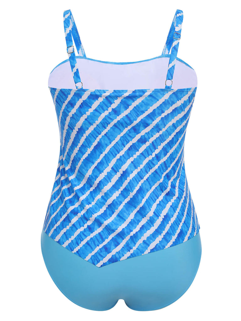 [Plus Size] Blue 1950s Diagonal Stripe Swimsuit
