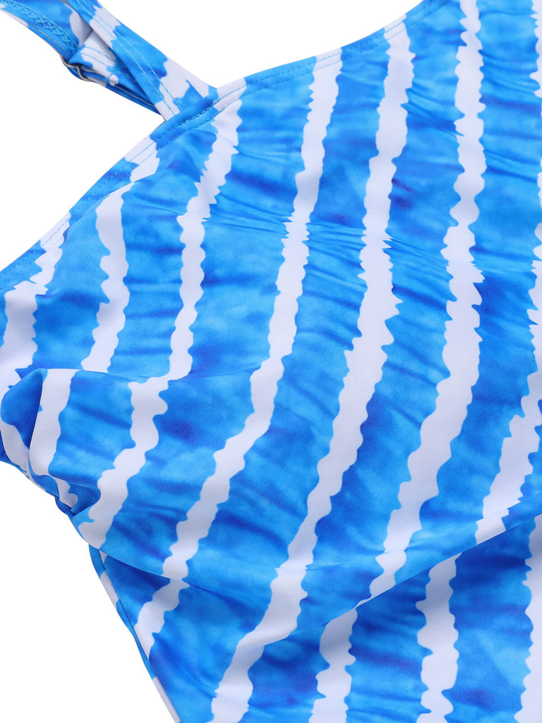 [Plus Size] Blue 1950s Diagonal Stripe Swimsuit