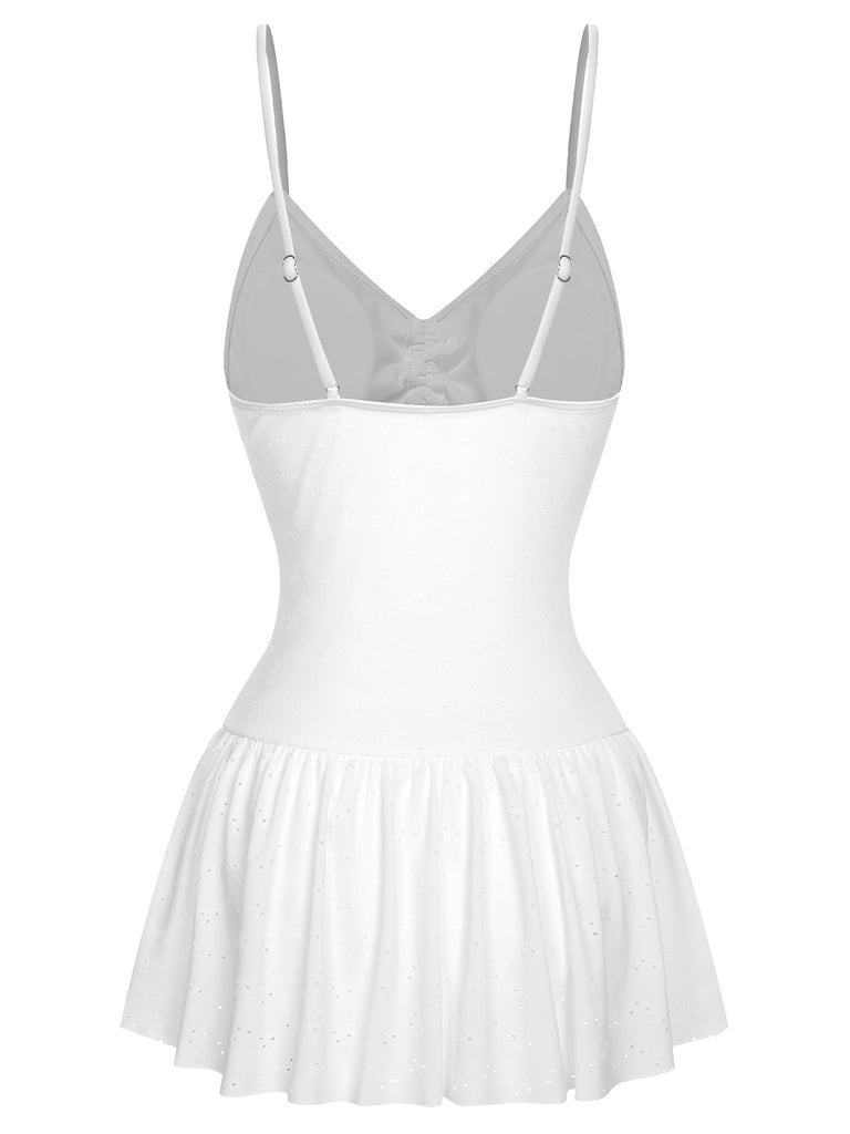 White 1960s Spaghetti Strap One-Piece Swimsuit