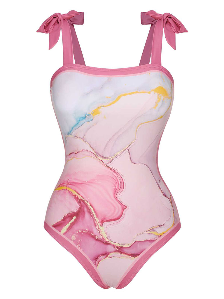 2PCS 1950s Pink Print Swimsuit & Cover-Up