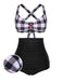 1950s Double Strap Buttoned Plaids Swimsuit