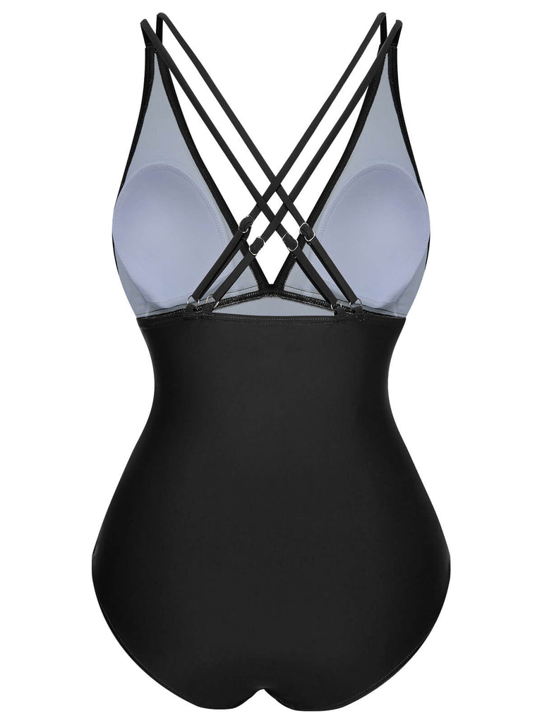1950s Solid V-Neck One-Piece Swimsuit