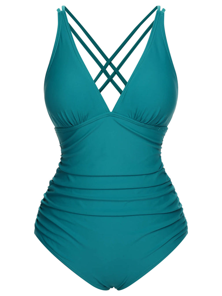 1950s Solid V-Neck One-Piece Swimsuit