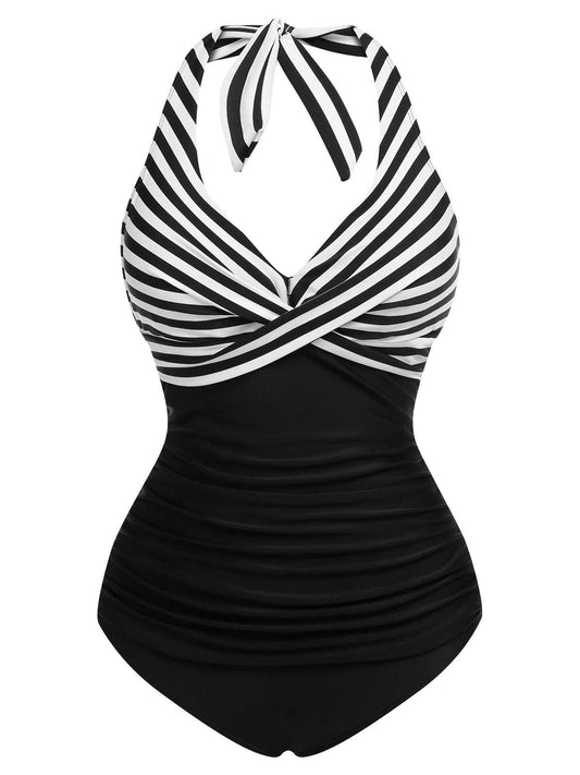 1950s Halter Stripes One-Piece Swimsuit
