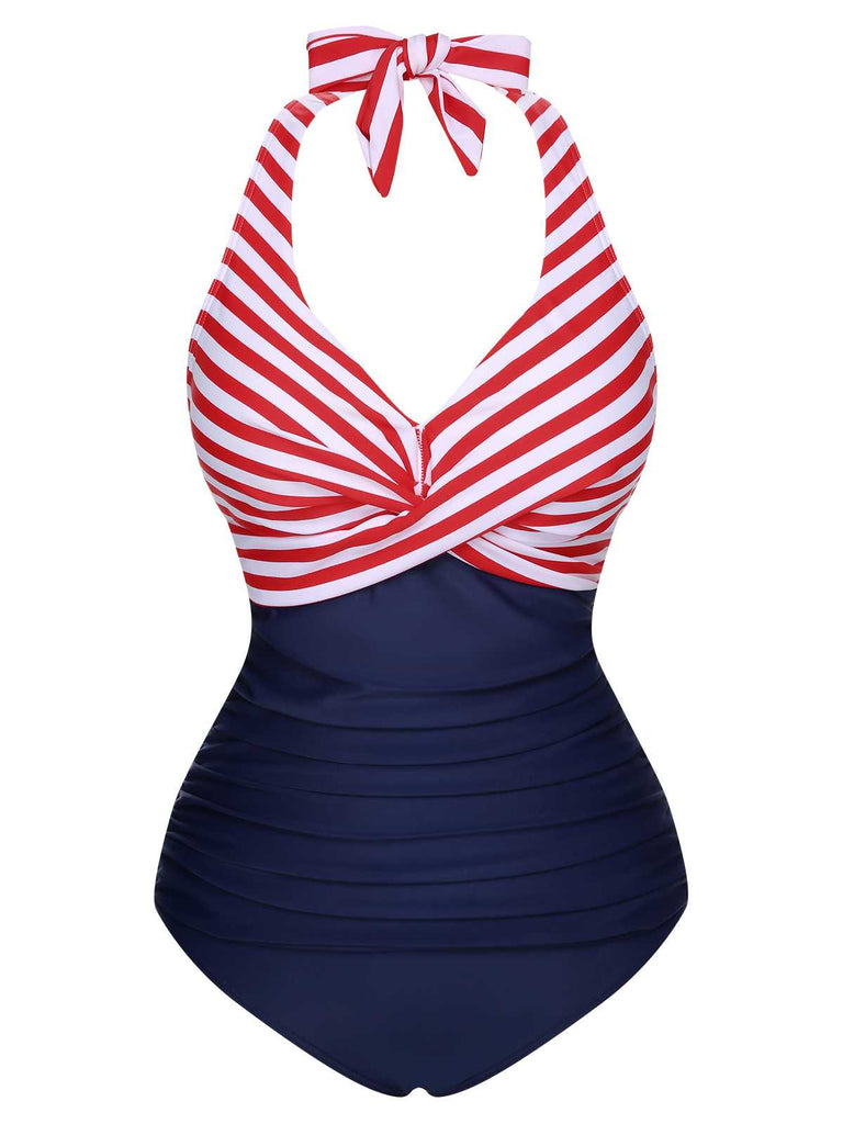 1950s Halter Stripes Floral One-Piece Swimsuit