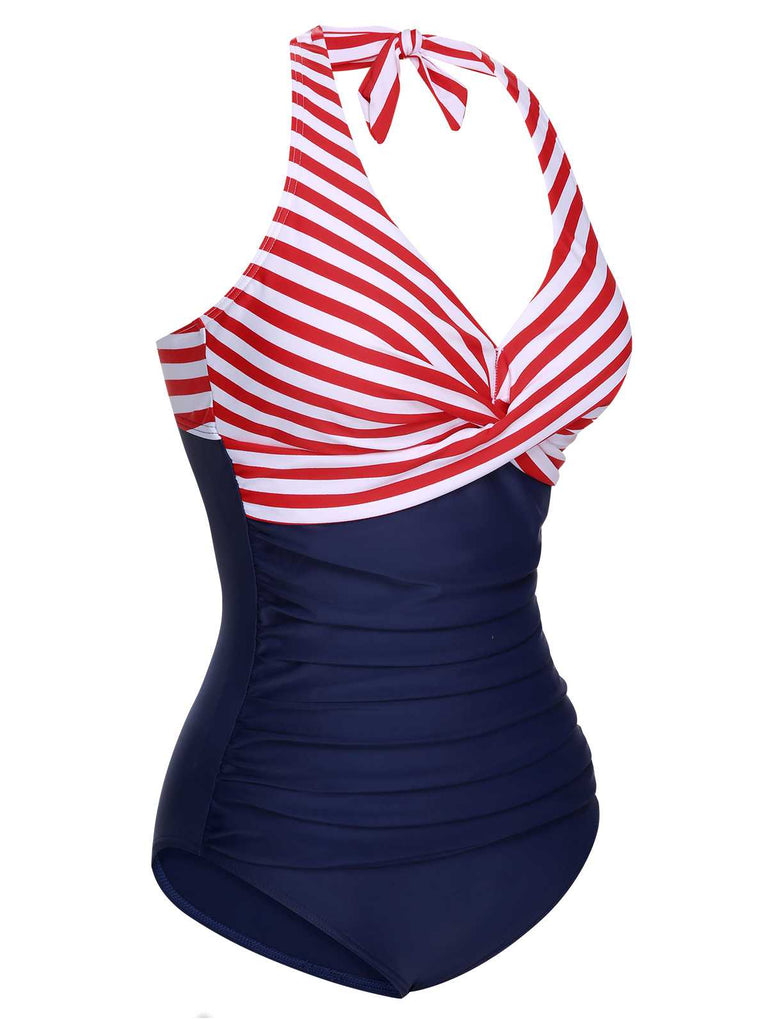 1950s Halter Stripes Floral One-Piece Swimsuit