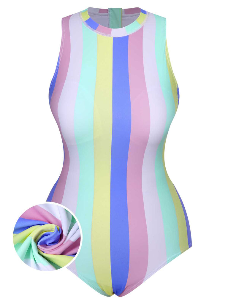 1950s Contrast Stripes Triangle One-Piece Swimsuit