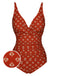 Fire Brick Red 1940s Leaves V-Neck Swimsuit