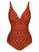 Fire Brick Red 1940s Leaves V-Neck Swimsuit