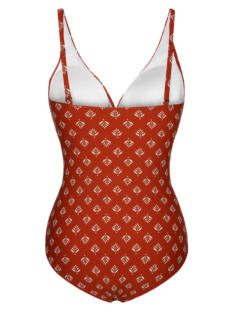 Fire Brick Red 1940s Leaves V-Neck Swimsuit