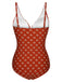 Fire Brick Red 1940s Leaves V-Neck Swimsuit