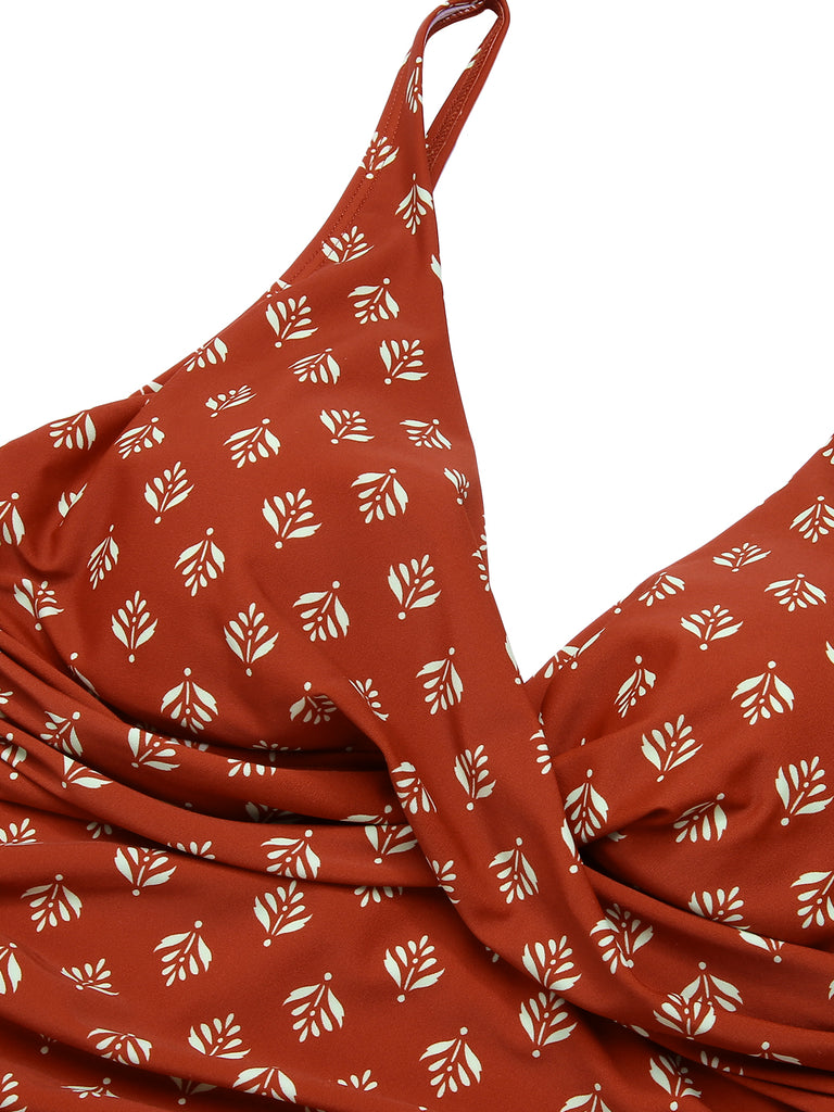 Fire Brick Red 1940s Leaves V-Neck Swimsuit