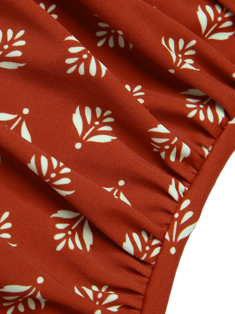 Fire Brick Red 1940s Leaves V-Neck Swimsuit