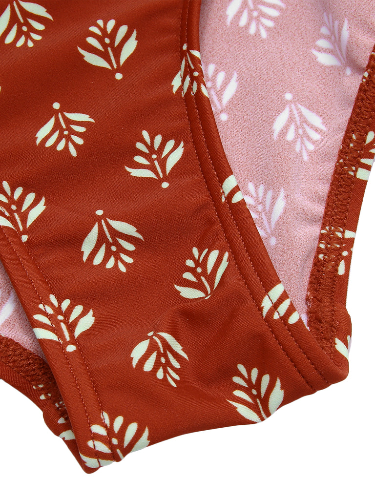 Fire Brick Red 1940s Leaves V-Neck Swimsuit