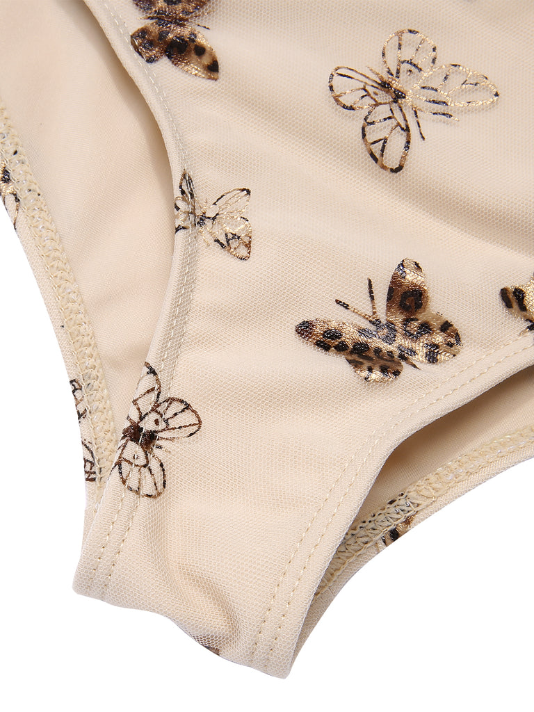 [Pre-Sale] Apricot 1950s Butterfly Mesh Lace-Up Swimsuit