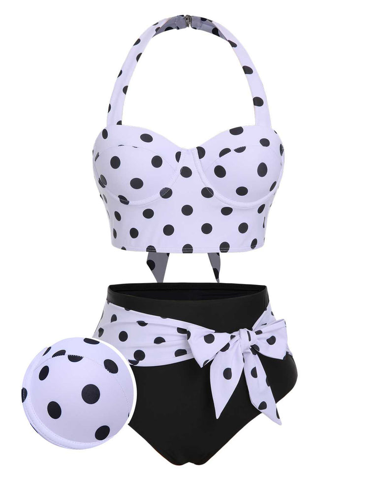 1950s Halter Contrast Polka Dots Swimsuit