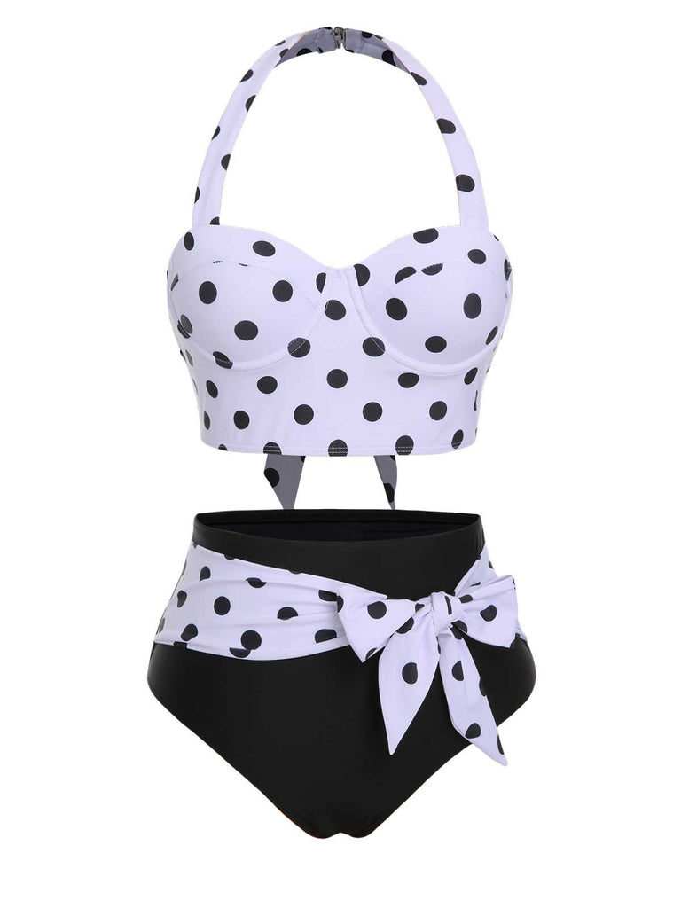 1950s Halter Contrast Polka Dots Swimsuit