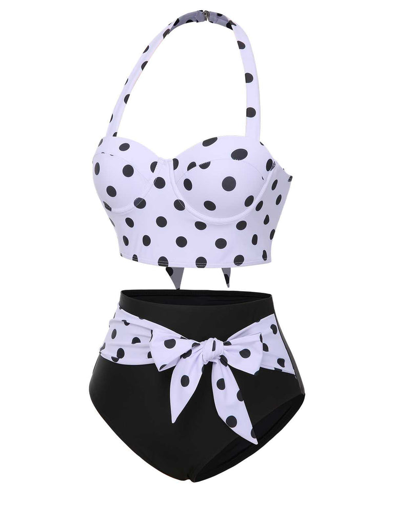 1950s Halter Contrast Polka Dots Swimsuit