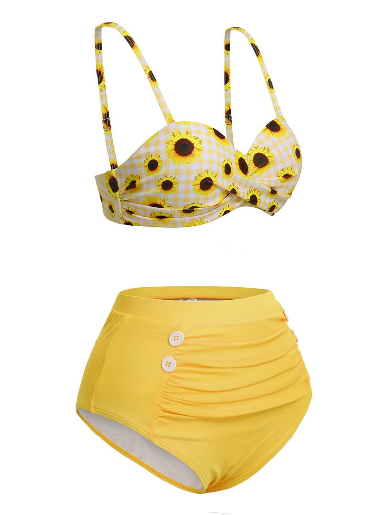 Yellow 1950s Spaghetti Strap Sunflower Plaids Swimsuit