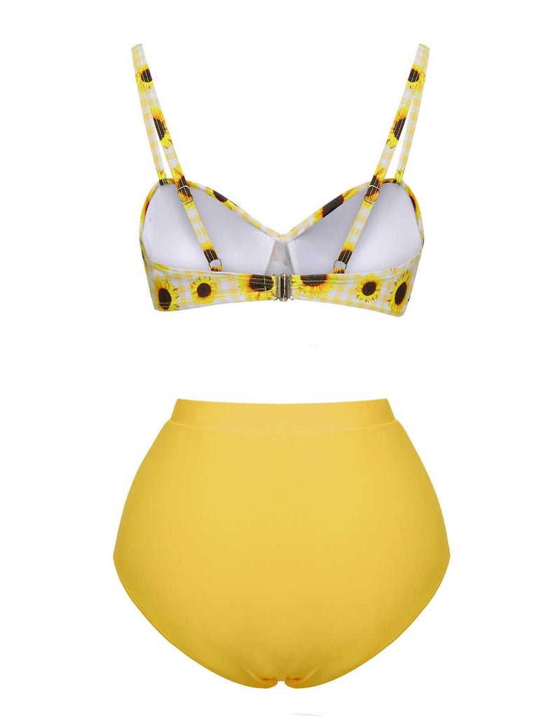 Yellow 1950s Spaghetti Strap Sunflower Plaids Swimsuit