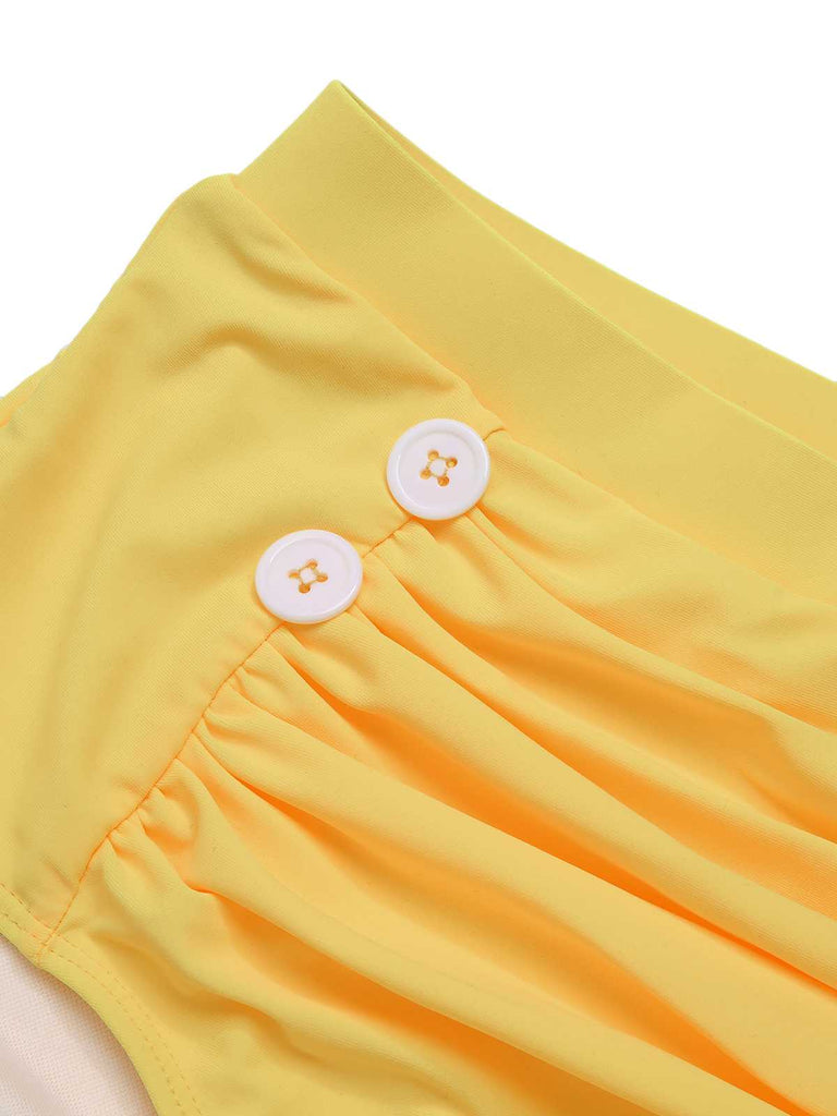 Yellow 1950s Spaghetti Strap Sunflower Plaids Swimsuit