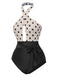 Beige 1950s Polka Dot Halter One-Piece Swimsuit