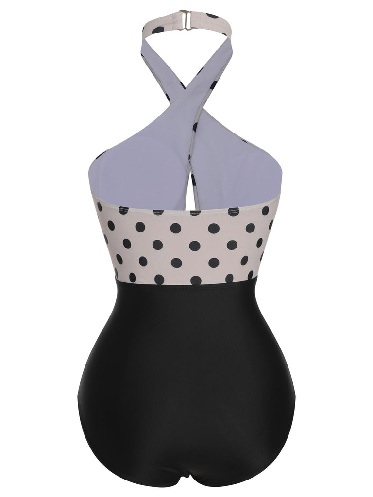 Beige 1950s Polka Dot Halter One-Piece Swimsuit