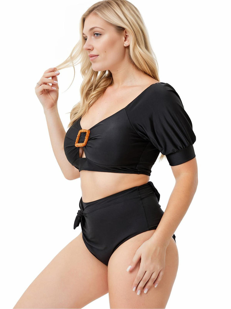 [Plus Size] Black 1960s Solid Hollow Puff Swimsuit