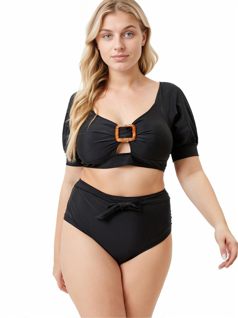 [Plus Size] Black 1960s Solid Hollow Puff Swimsuit