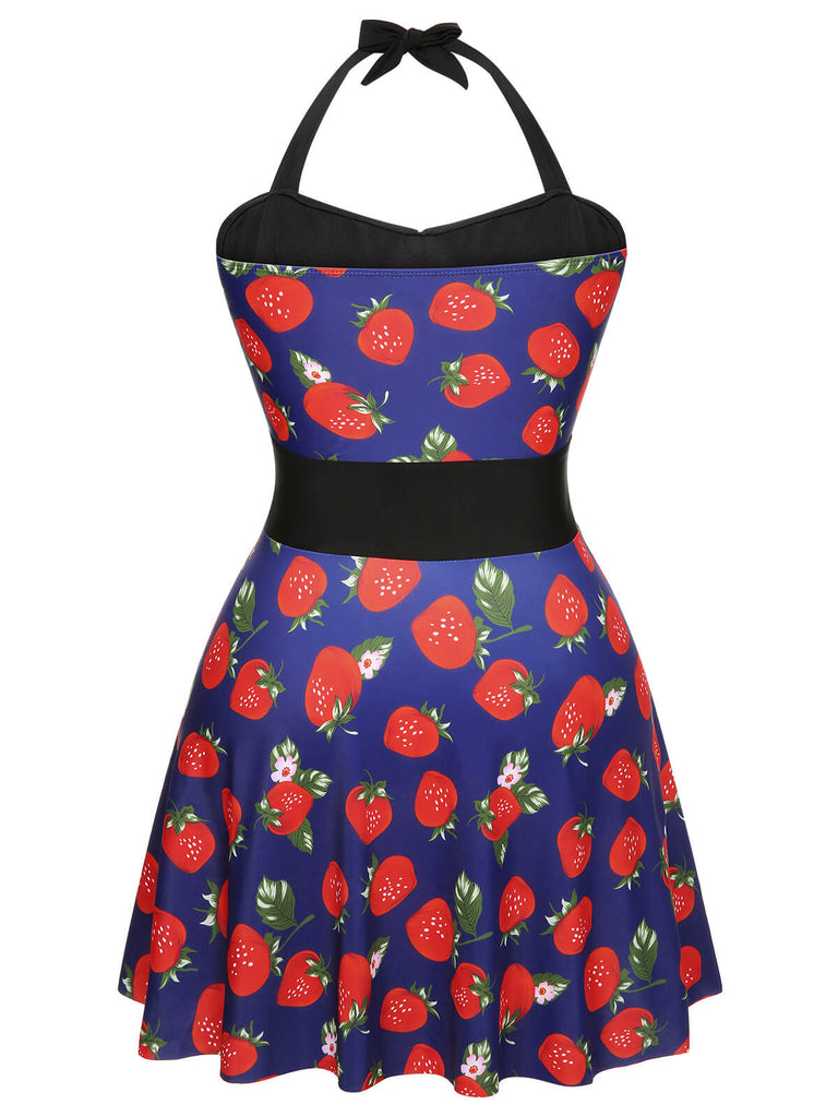 [Plus Size] Multicolor 1930s Colorblocked Strawberry Halter Swimsuit