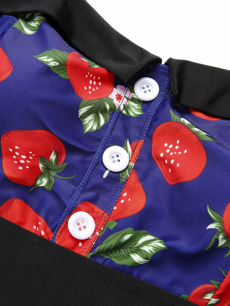 [Plus Size] Multicolor 1930s Colorblocked Strawberry Halter Swimsuit