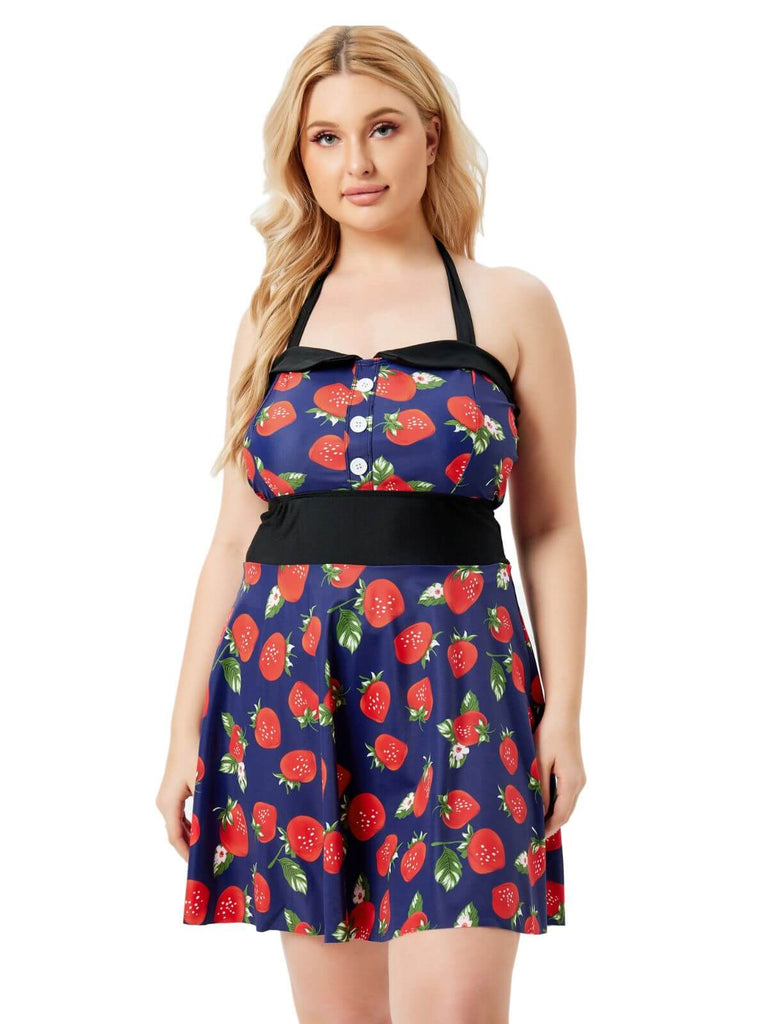 [Plus Size] Multicolor 1930s Colorblocked Strawberry Halter Swimsuit