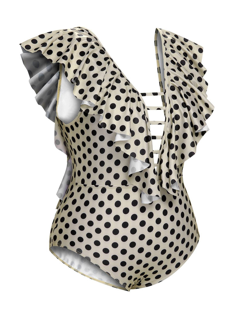 [Plus Size] Beige 1960s Polka Dot Ruffles One-Piece Swimsuit