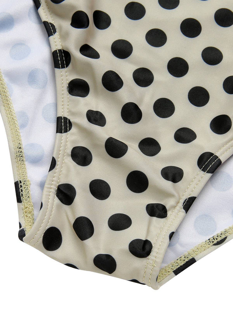 [Plus Size] Beige 1960s Polka Dot Ruffles One-Piece Swimsuit