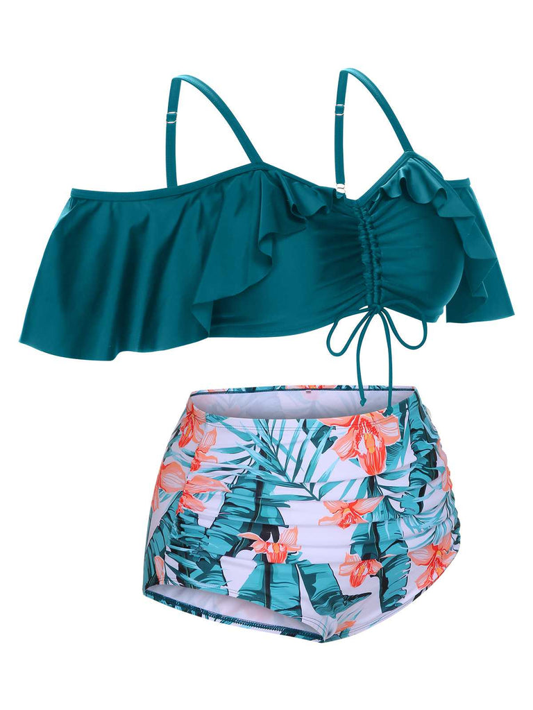 [Plus Size] Green 1950s Strap Floral Ruffles Swimsuit