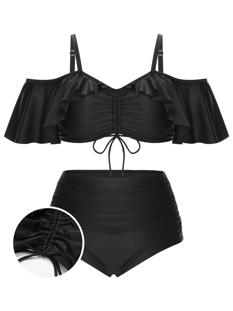 [Plus Size] Black 1950s Strap Dolman Sleeve Swimsuit