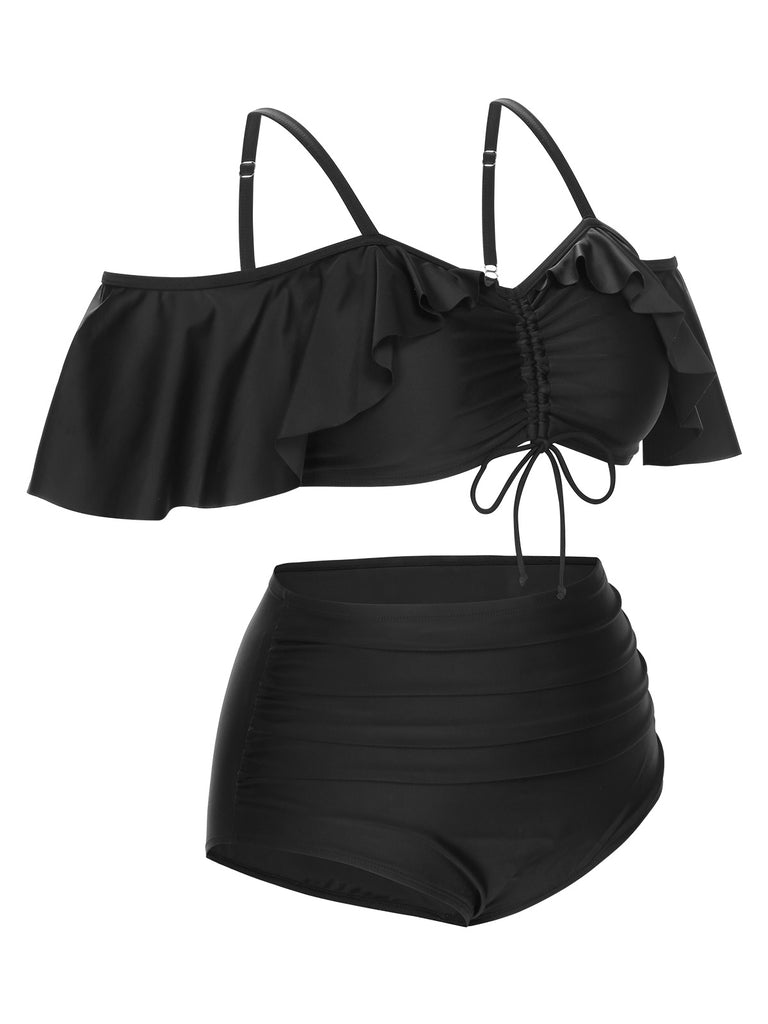 [Plus Size] Black 1950s Strap Dolman Sleeve Swimsuit