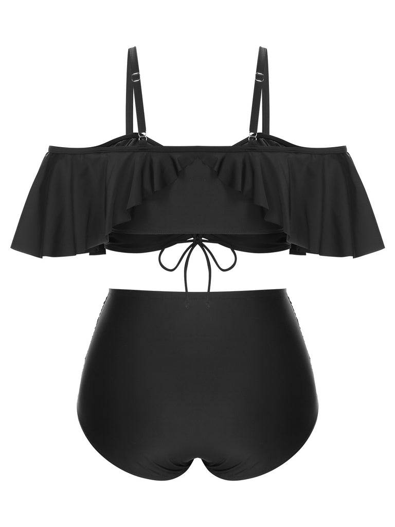 [Plus Size] Black 1950s Strap Dolman Sleeve Swimsuit