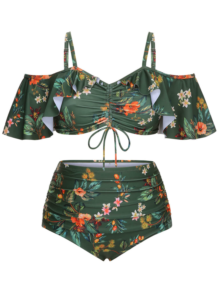 [Plus Size] Green 1950s Floral Drawstring Swimsuit Set