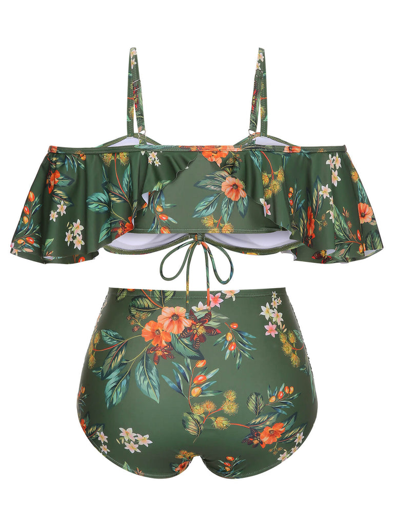 [Plus Size] Green 1950s Floral Drawstring Swimsuit Set