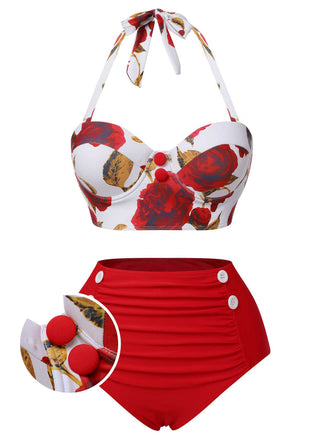 Red 1960s Halter Roses Swimsuit