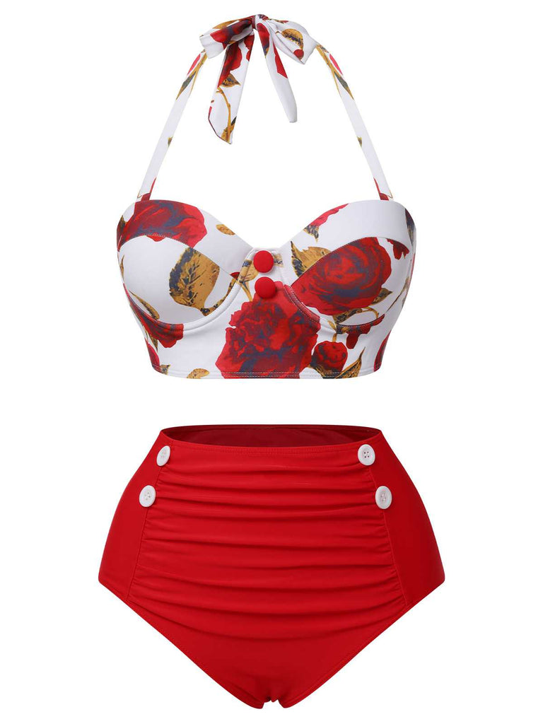 [Pre-Sale] Red 1940s Halter Roses Swimsuit